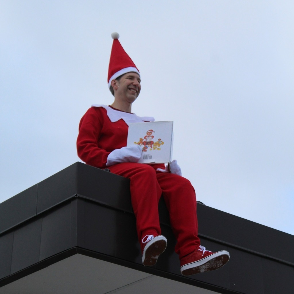 principal dressed as elf on the shelf holding book sitting on roof